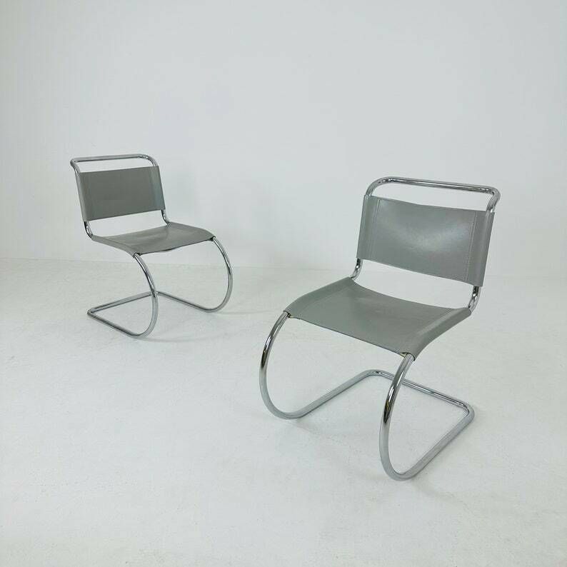1 Of 2 Mr10 Lounge Grey Leather Chair Design By Ludwig Mies Van Der Rohe  1980s