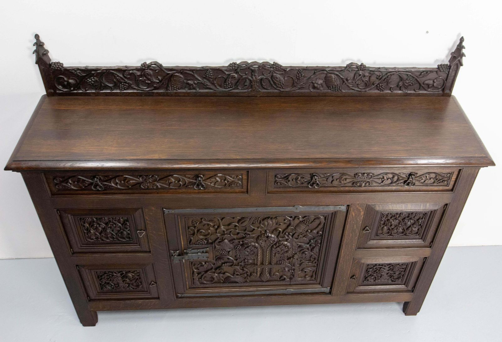 French Oak & Wrought Iron Buffet Neogothic St Tree Of Life Theme Early 20th C photo for sale