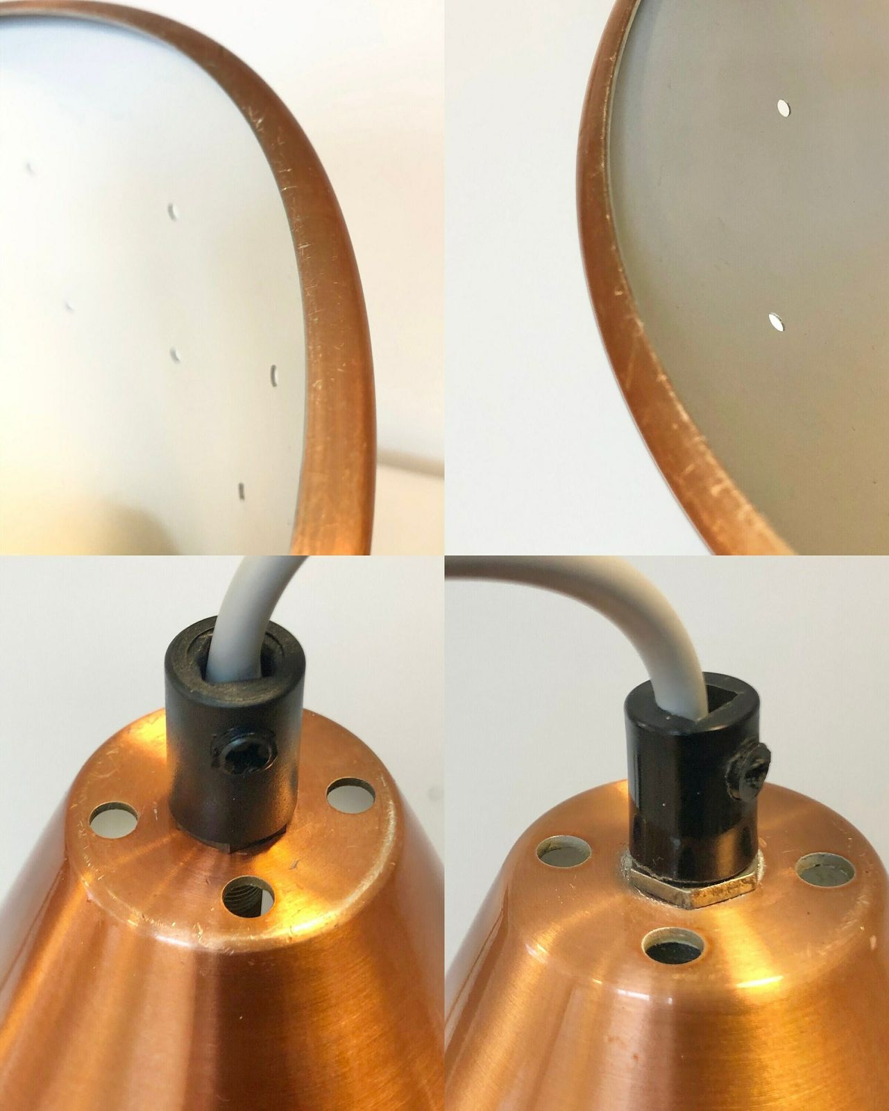 Pair Of Gorgeous Vintage Design Ceiling Lamps From Denmark With Shades In Warm Copper Coloured Aluminium With Perforated Holes photo vintage