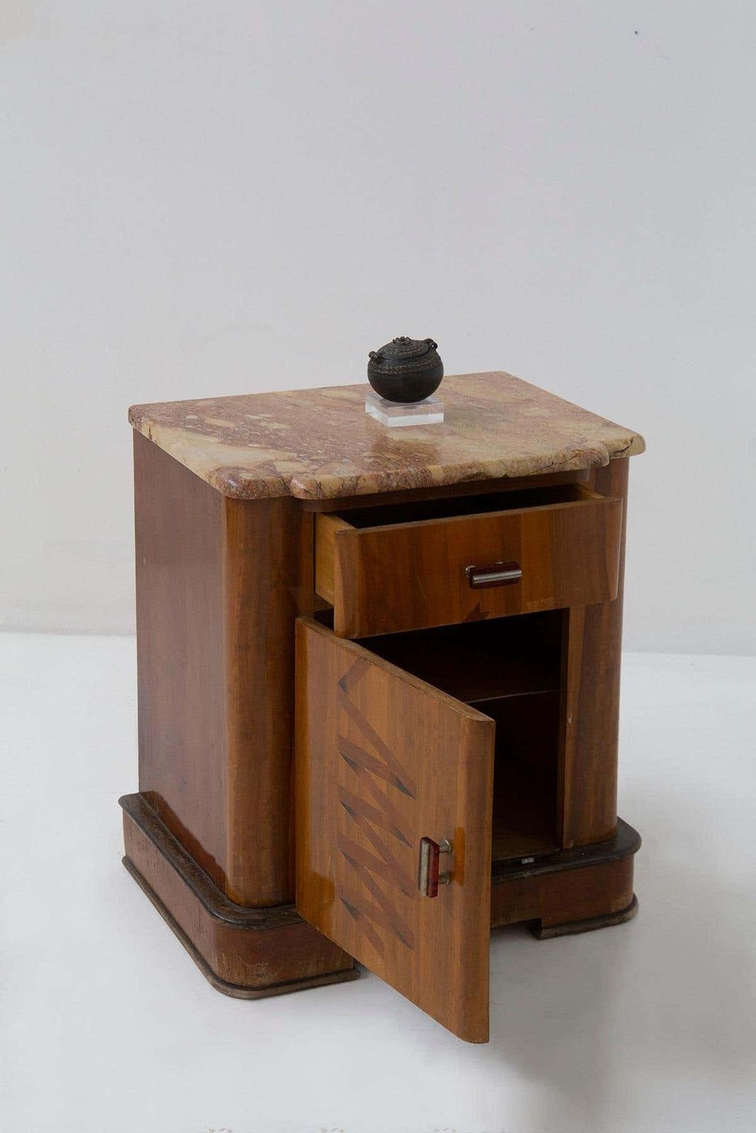 Pair Of Italian Futurist Bedside Tables In Marble And Wood, With Iconographic In photo vintage