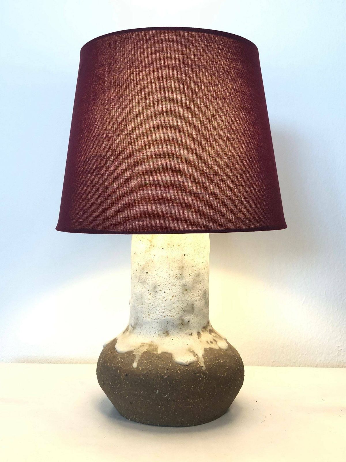 Danish Chunky Vintage Design Ceramic Table Lamp In Organic Shape With White Glaze On Raw Clay And Beautiful Purple Drum Shade photo for sale