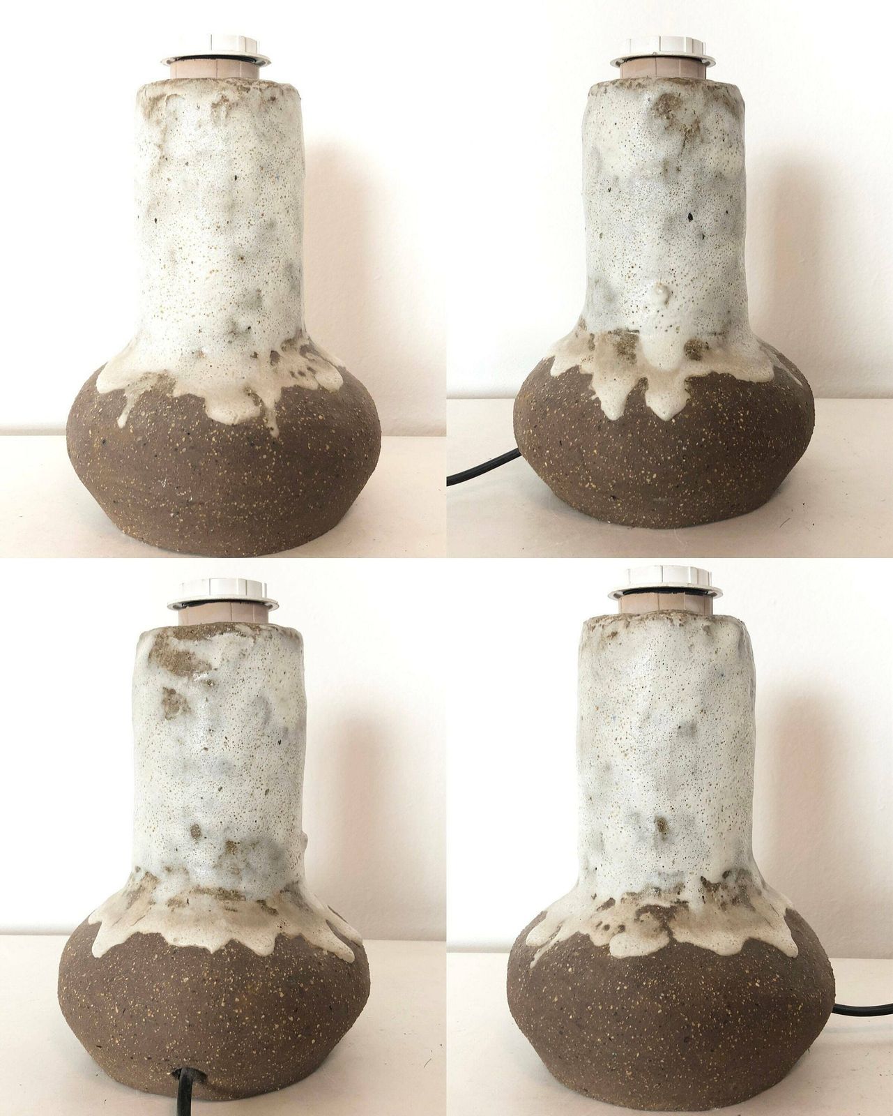 Danish Chunky Vintage Design Ceramic Table Lamp In Organic Shape With White Glaze On Raw Clay And Beautiful Purple Drum Shade photo vintage