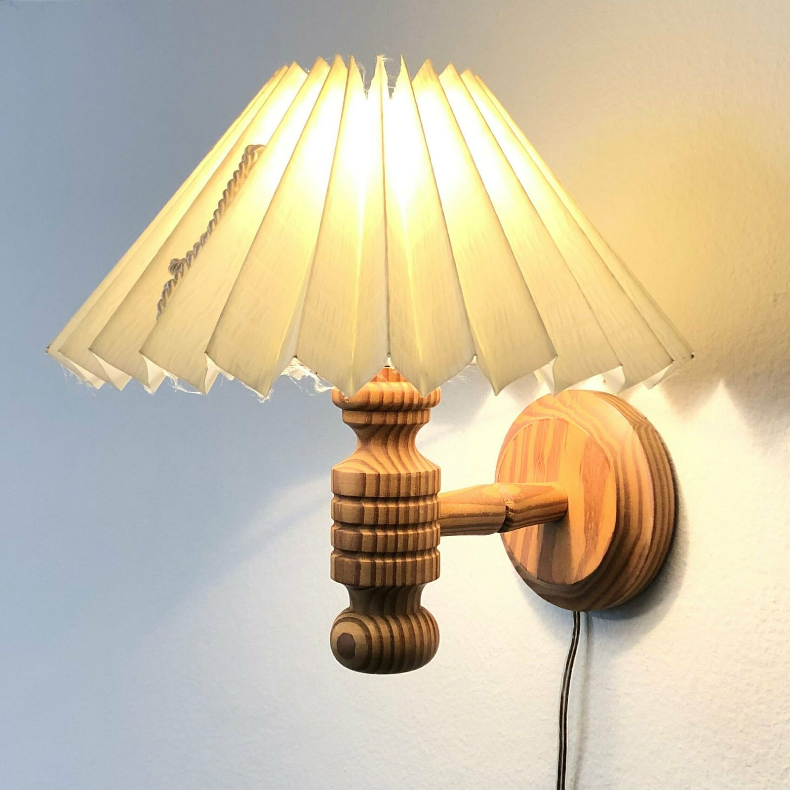 Beautiful Mid Century Danish Wooden Wall Lamp With Carvings And Vintage Beige Fabric Shade