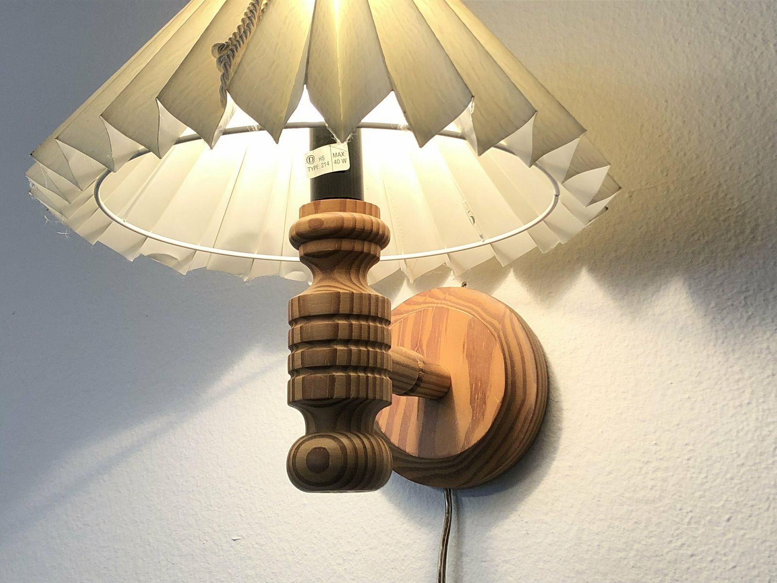 Beautiful Mid Century Danish Wooden Wall Lamp With Carvings And Vintage Beige Fabric Shade photo for sale