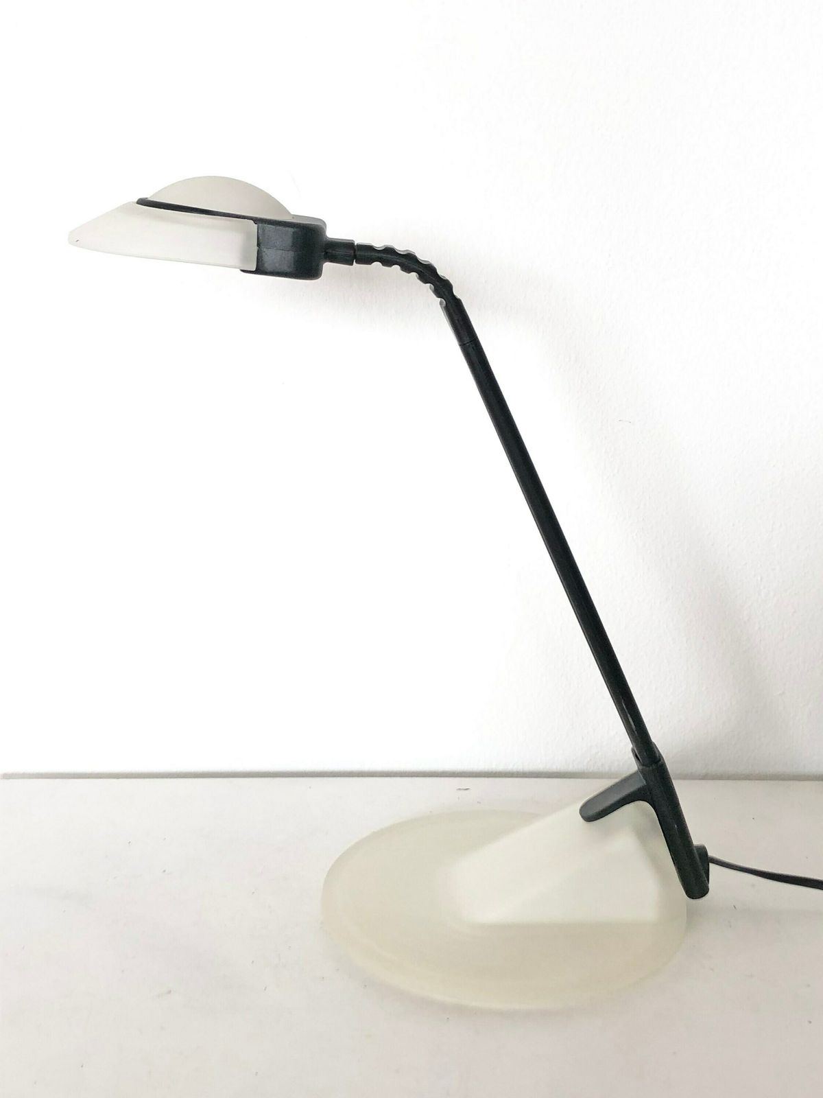Italian 1980s Postmodern “Gaia Tavolo” Desk Lamp In White Glass And Black Plastic   Design By Marca Ladue For Nordlight, Italy photo vinterior