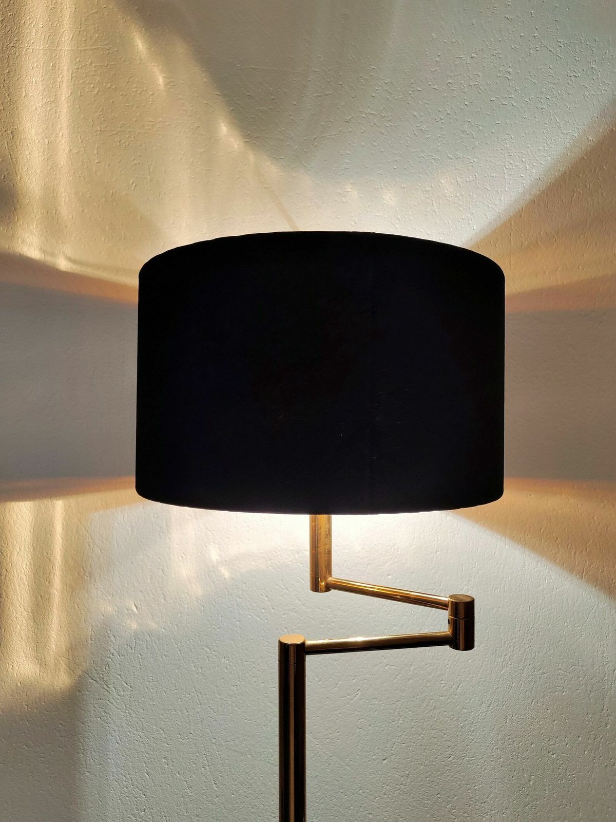 Mid Century Modern Brass Swing Arm Floor Lamp With Black Velvet Shade // Made Ij West Germany In 1960s photo for sale