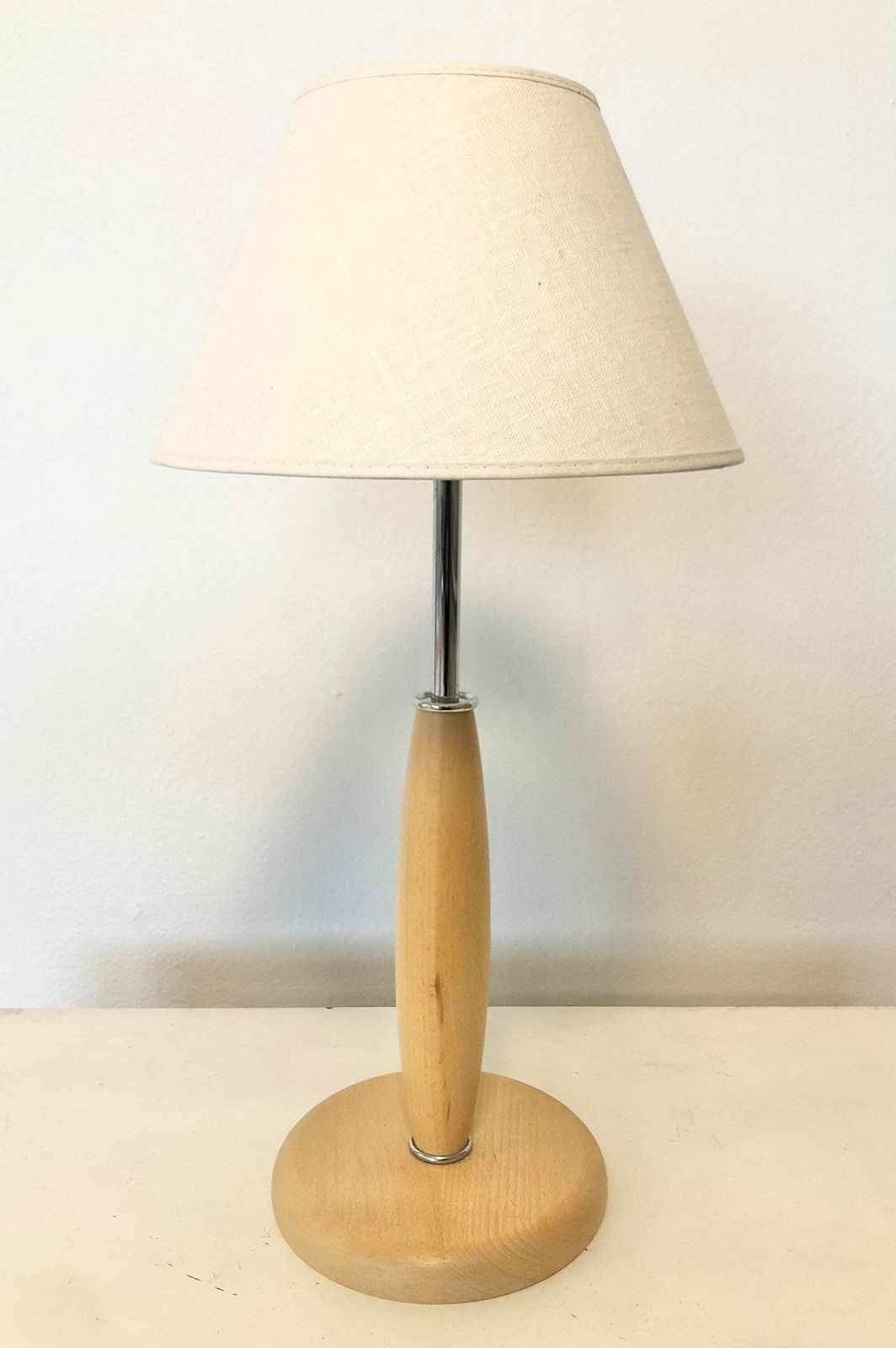 Danish Postmodern "Lotus" Table Lamp In Wood With Chrome Details And Vintage Fabric Shade   Design From Design Light photo for sale