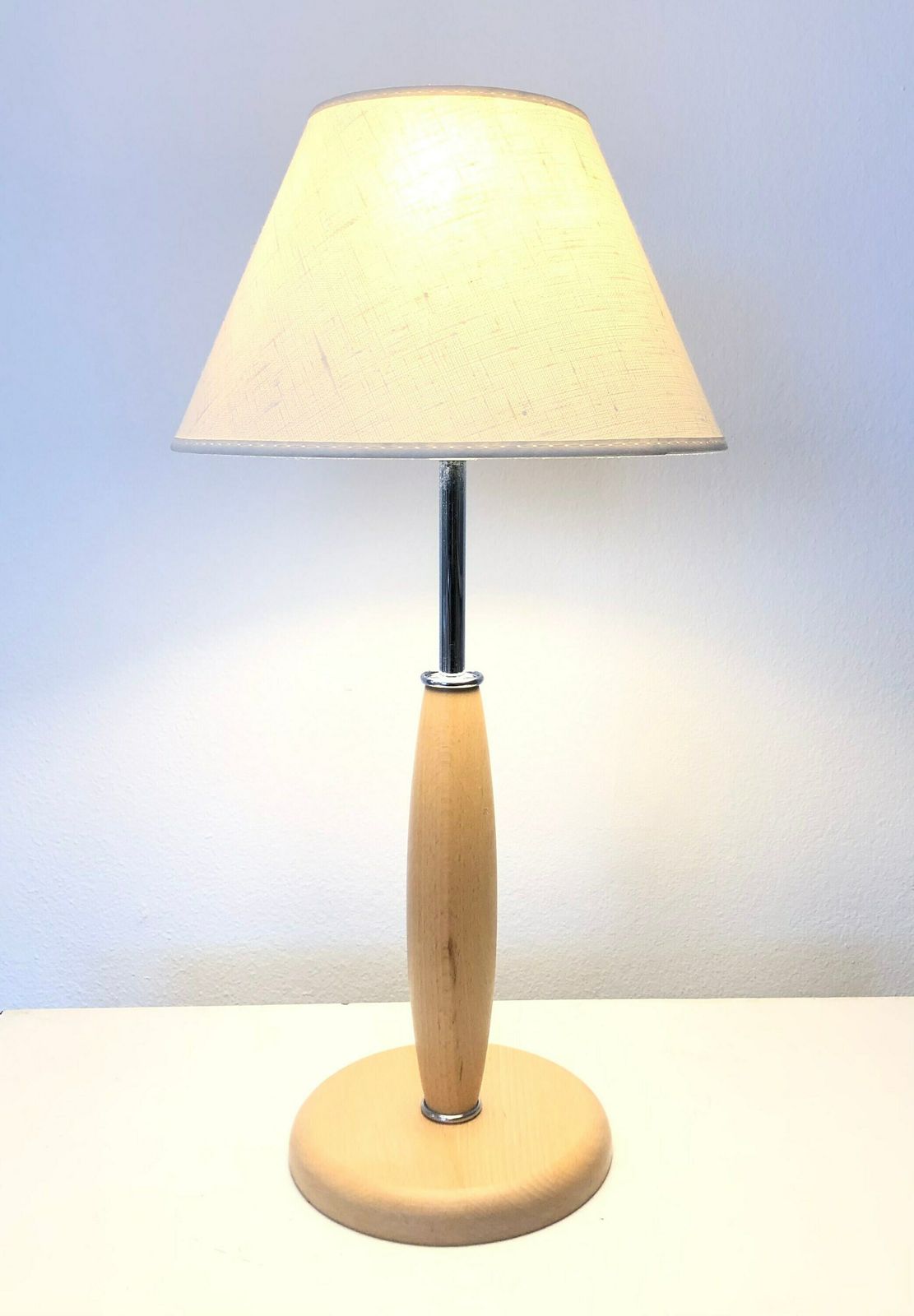 Danish Postmodern "Lotus" Table Lamp In Wood With Chrome Details And Vintage Fabric Shade   Design From Design Light photo Lighting