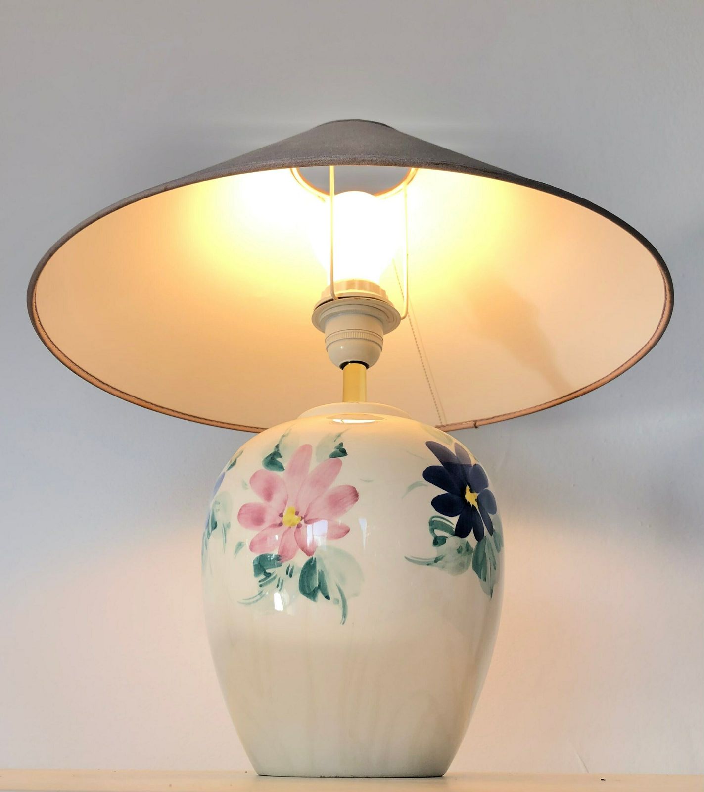 Danish Mid Century Table Lamp In Beautiful Off White Glazed Porcelain With Flower Decoration And Grey Vintage Fabric Shade   Design By Rd photo 233.0