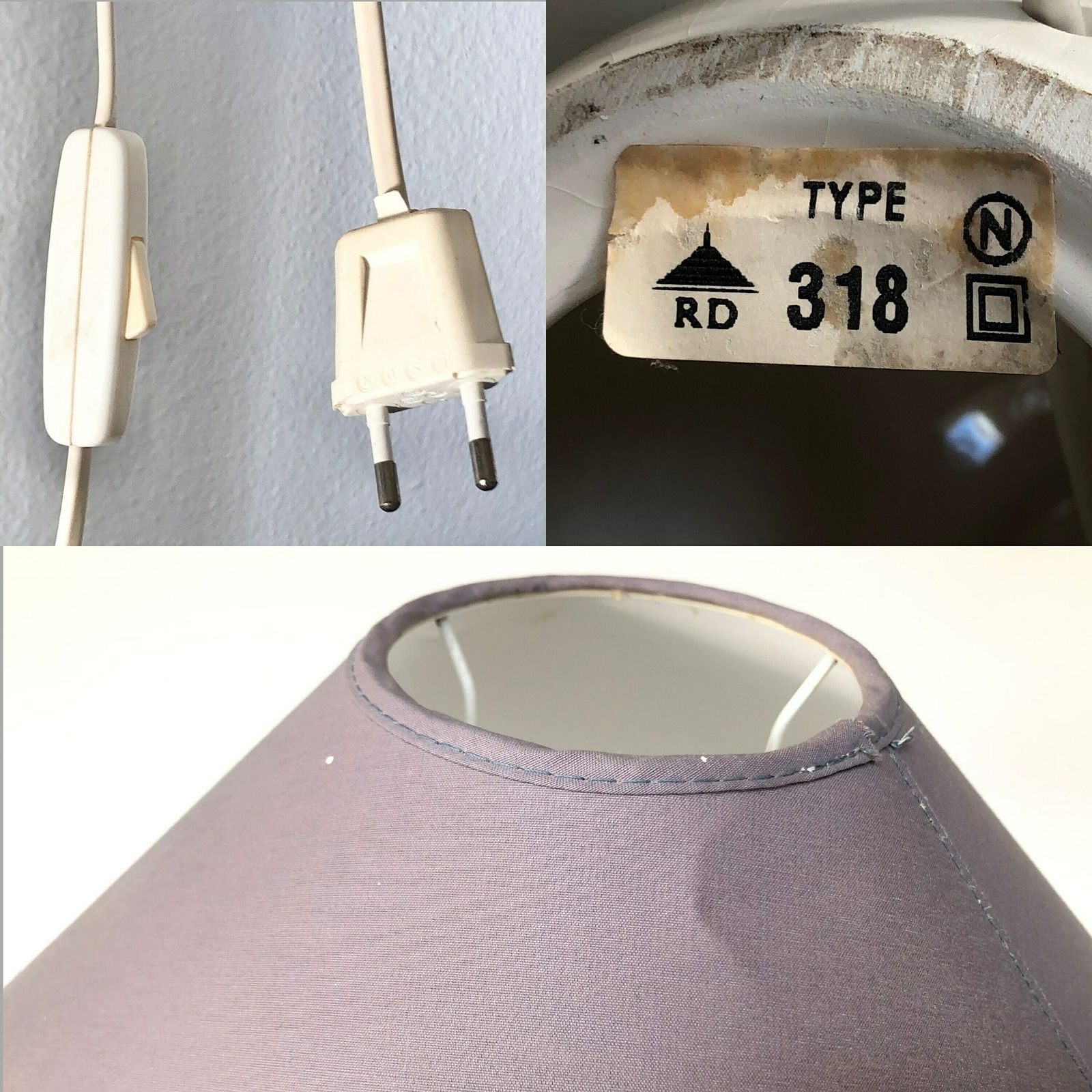 photo for sale Danish Mid Century Table Lamp In Beautiful Off White Glazed Porcelain With Flower Decoration And Grey Vintage Fabric Shade   Design By Rd