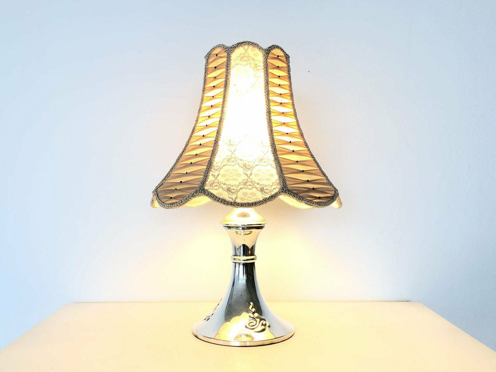 Danish Art Deco Silverplate Table Lamp In Organic Shape With Decoration And Beautiful Lace And Fabric Shade   Design By Hags, Denmark