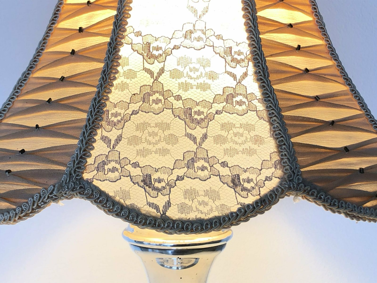Danish Art Deco Silverplate Table Lamp In Organic Shape With Decoration And Beautiful Lace And Fabric Shade   Design By Hags, Denmark photo Lighting