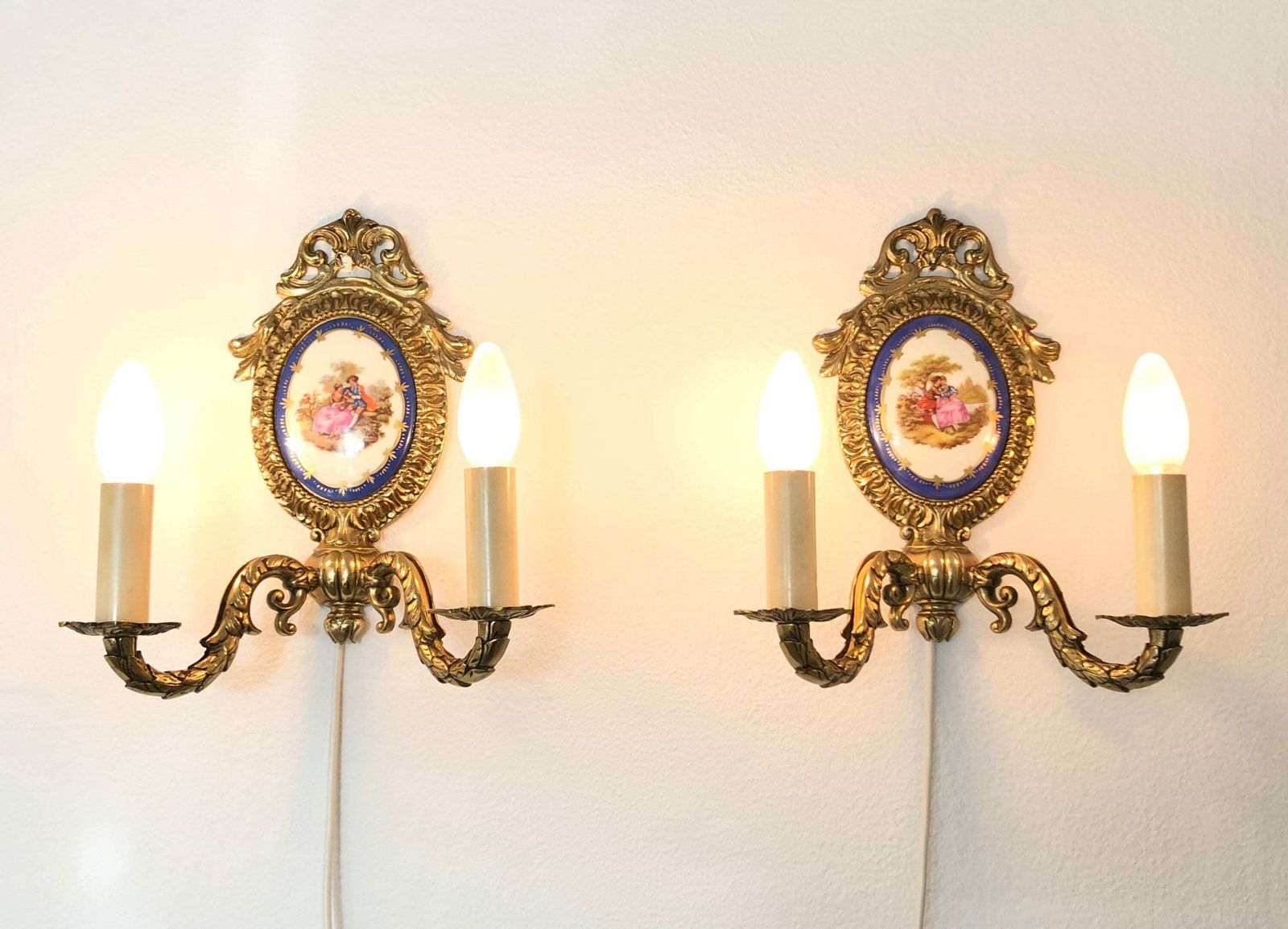 Pair Of French Mid Century Limoges Vintage Wall Lamps With Beautiful Porcelain Plates And Brass Wall Mounts