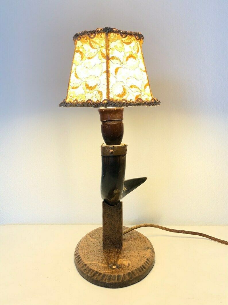 Beautiful Early Mid Century Danish Horn And Wood Table Lamp With Beautiful Shapes And Vintage Beige Lace Fabric Shade photo furniture