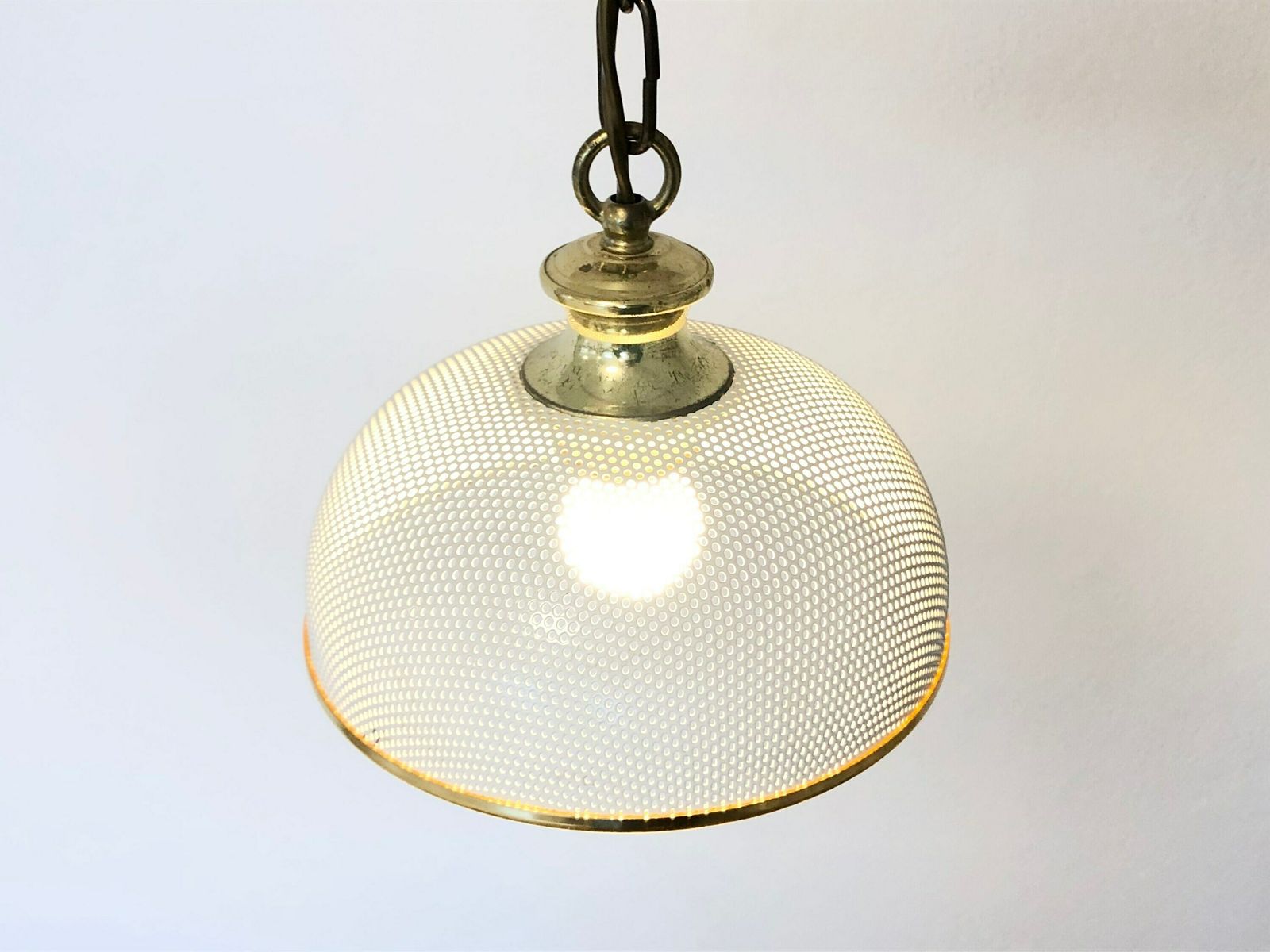 Danish Vintage Ceiling Lamp In White Perforated Metal And Great Design Details In Brass And Gold photo for sale
