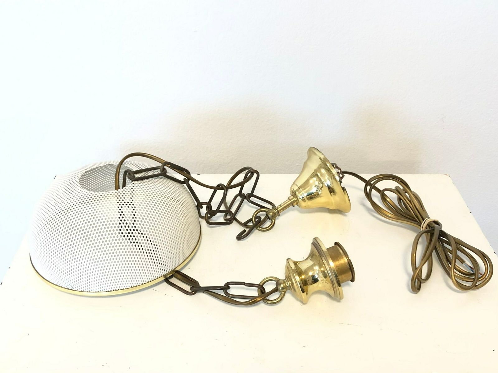 Danish Vintage Ceiling Lamp In White Perforated Metal And Great Design Details In Brass And Gold photo buy