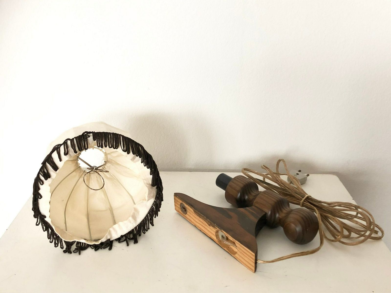 Beautiful Mid Century Danish Wooden Wall Lamp With Carvings And Vintage Beige Fabric Shade photo vinterior