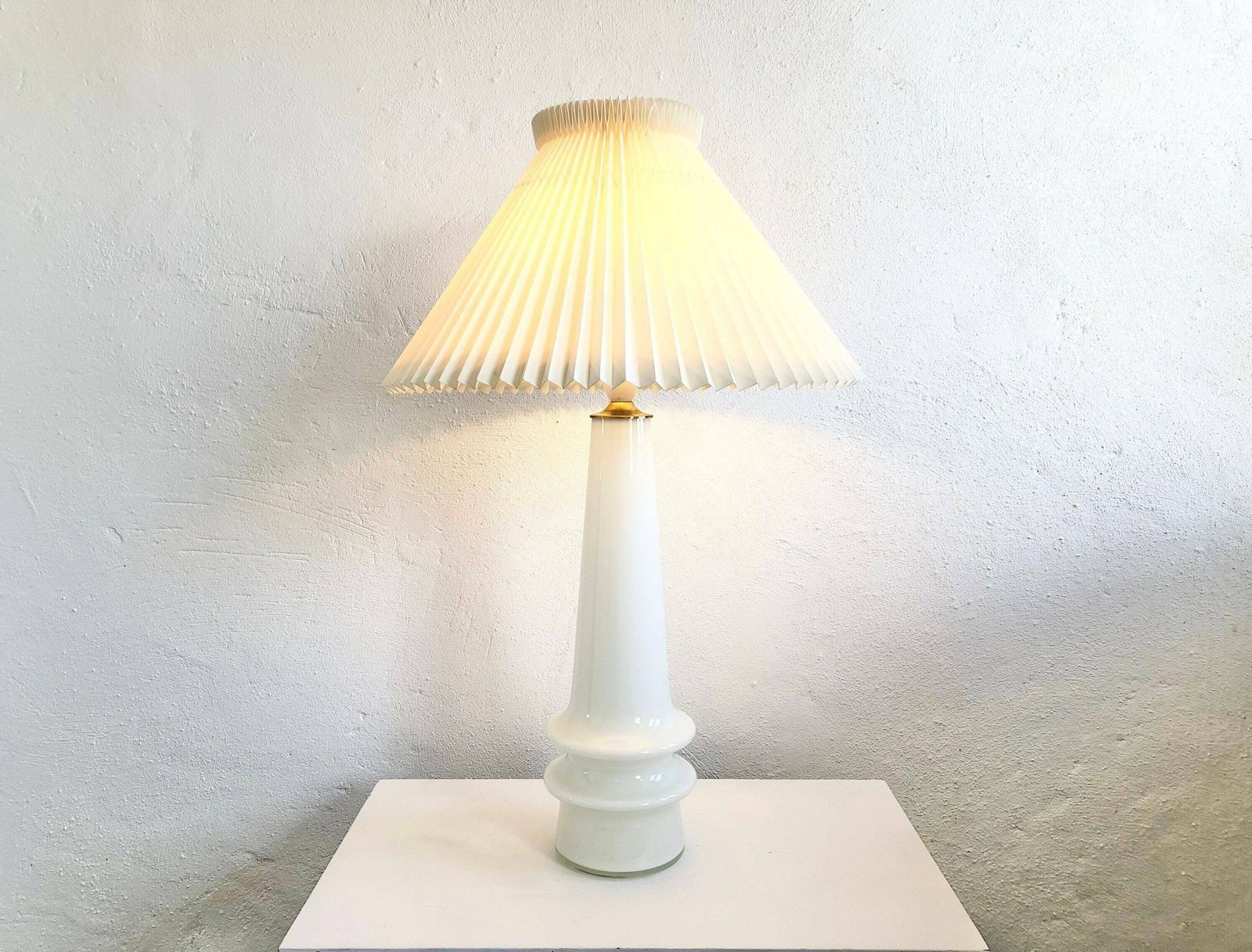 Danish Mid Century Huge White Glass Table Lamp With Large Le Klint Off White Pleated Shade