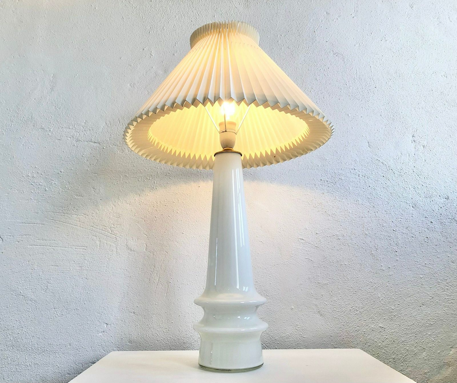 Danish Mid Century Huge White Glass Table Lamp With Large Le Klint Off White Pleated Shade photo furniture