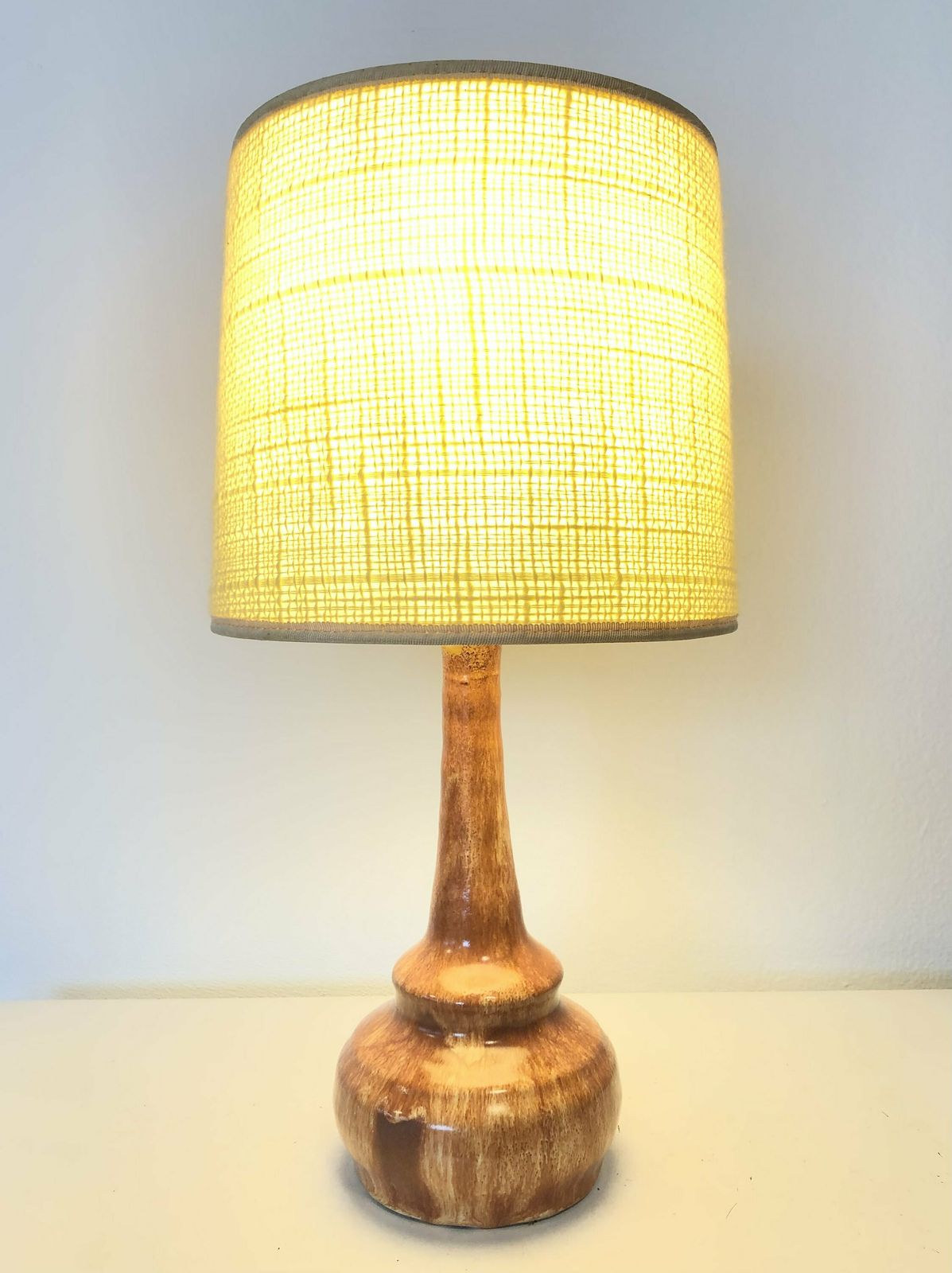 Mid Century Modern Design Vintage Ceramic Table Lamp From Denmark With Brown And Beige Nuanced Glaze, Thin Neck And Fabric Drum Shade photo Lighting