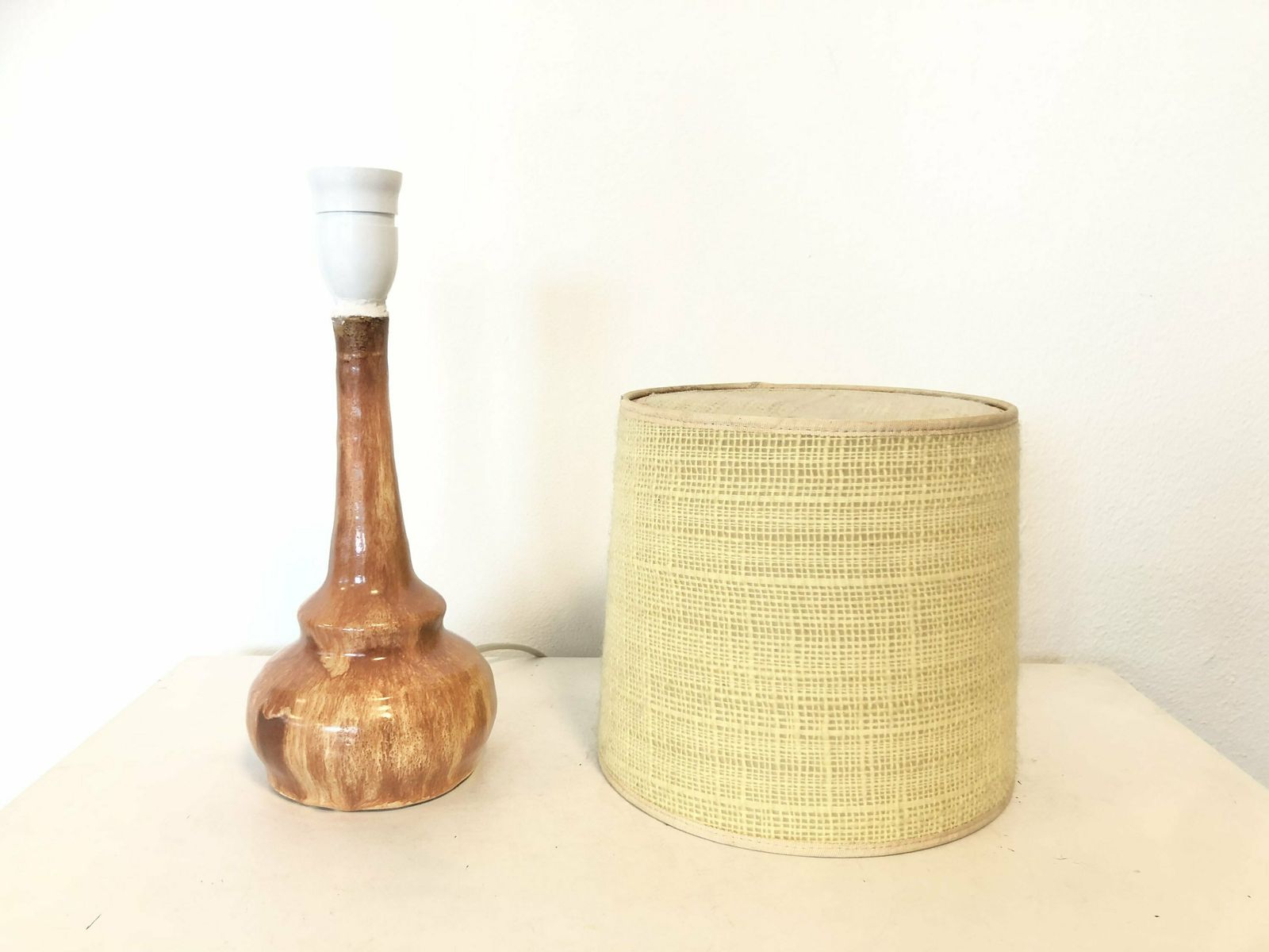 Mid Century Modern Design Vintage Ceramic Table Lamp From Denmark With Brown And Beige Nuanced Glaze, Thin Neck And Fabric Drum Shade photo vinterior