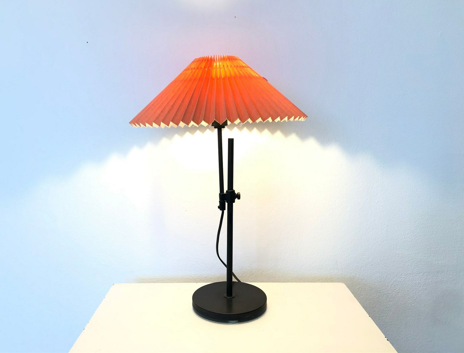 Danish Modernist Table Lamp With Heavy Black Painted Iron Base And Cute Coral Pleated Vintage Fabric Shade