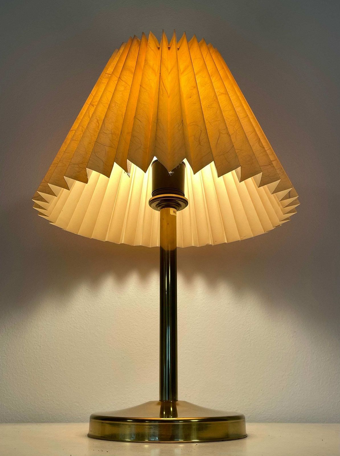 Danish Beautiful Vintage Mid Century Table Lamp With Brass Base And Beige Pleated Paper Shade photo furniture