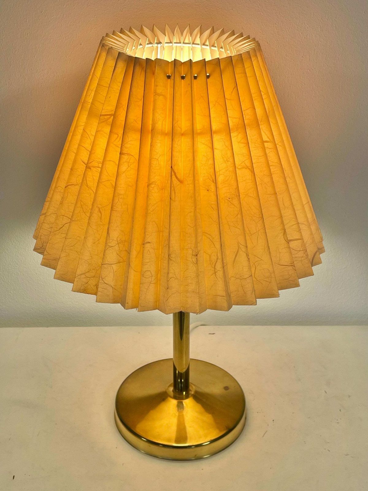 Danish Beautiful Vintage Mid Century Table Lamp With Brass Base And Beige Pleated Paper Shade photo for sale