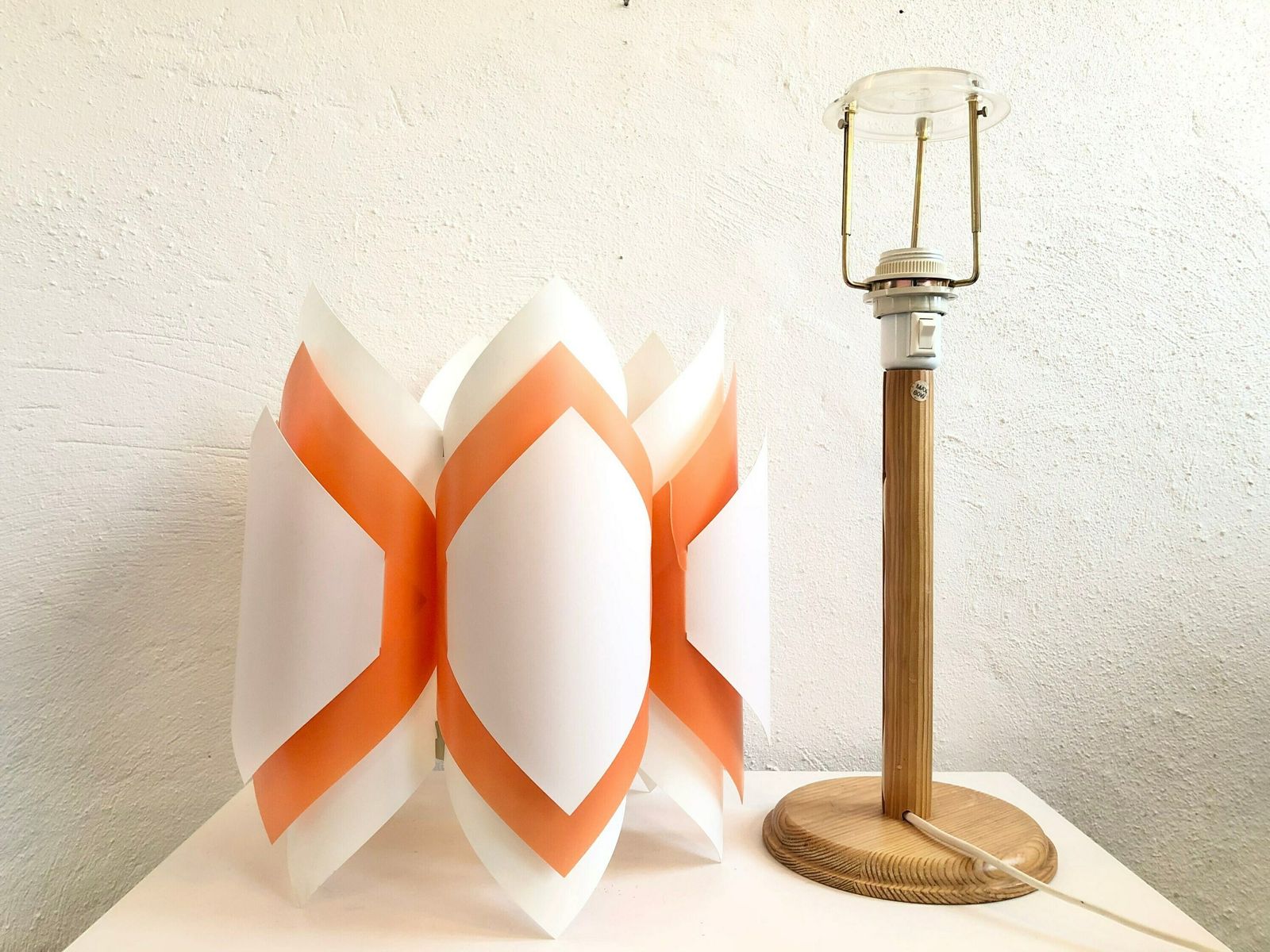 Mid Century Danish And Swedish Collaboration Table Lamp With Orange/White Plastic Shade By Lars Schiøler And Vintage Wood Base By Ikea photo buy