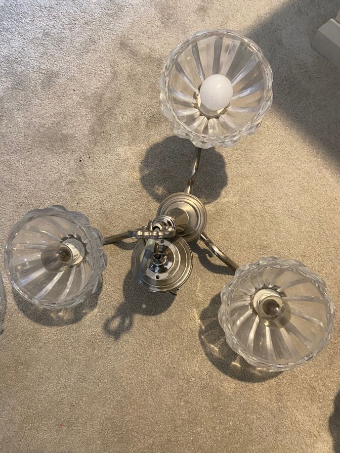1930's Pair Of Pendant Art Deco Light Fittings, 1 X 3 Arm And 1 X 5 Arm photo vinterior