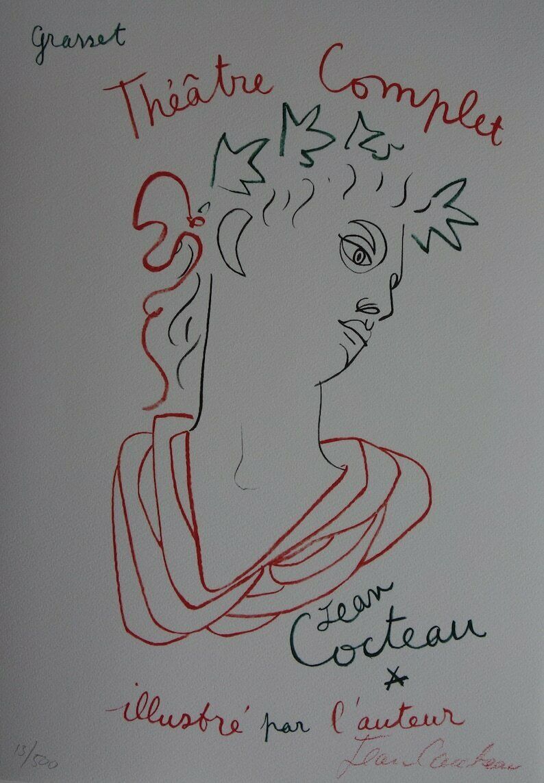 Rare Beautiful Limited Illustration Print   Portrait, Jean Cocteau, Signed, Numbered & Stamped