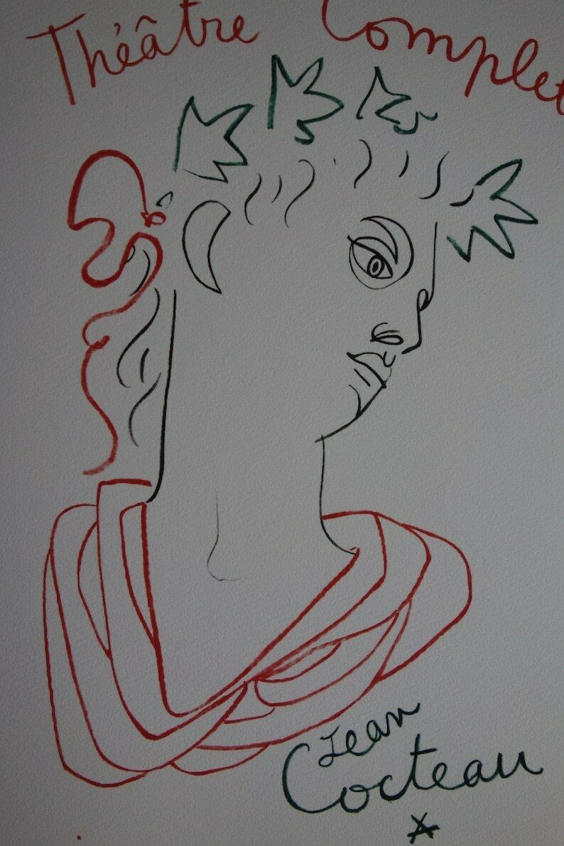Rare Beautiful Limited Illustration Print   Portrait, Jean Cocteau, Signed, Numbered & Stamped photo furniture