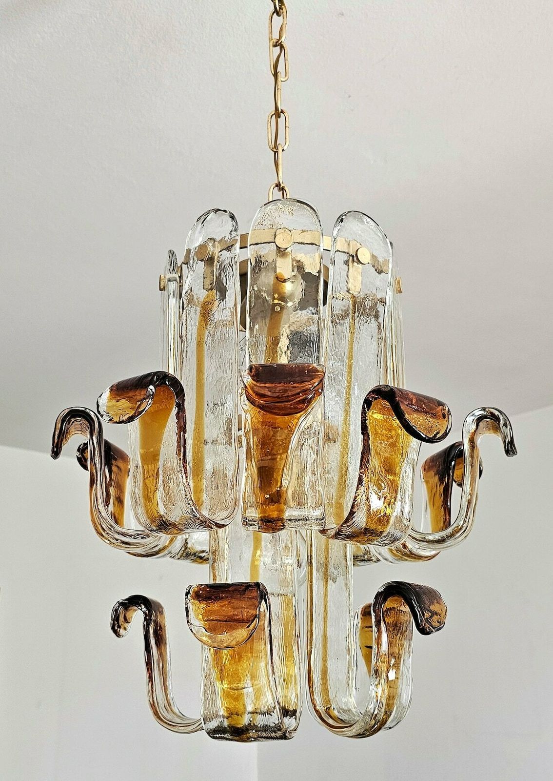Very Rare Mid Century Modern Amber Glass Chandelier Shaped As Flower By Toni Zuccheri For Av Mazzega // Made In Italy In 1960s photo furniture