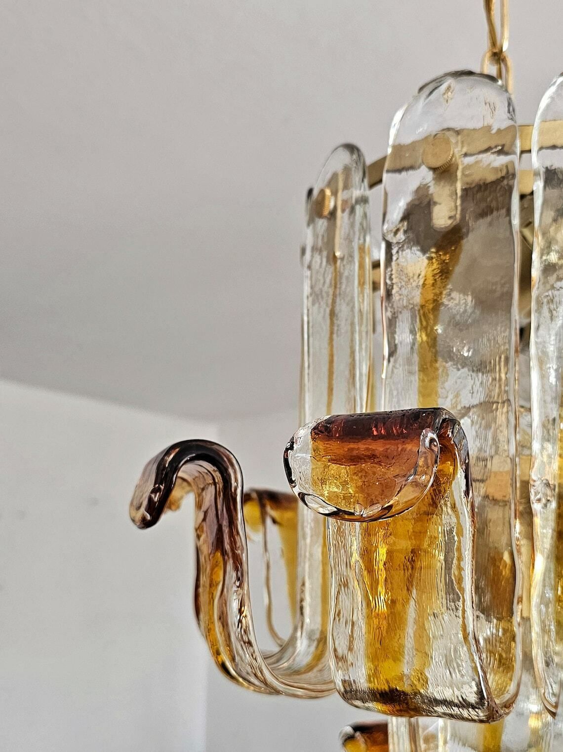 Very Rare Mid Century Modern Amber Glass Chandelier Shaped As Flower By Toni Zuccheri For Av Mazzega // Made In Italy In 1960s photo vinterior