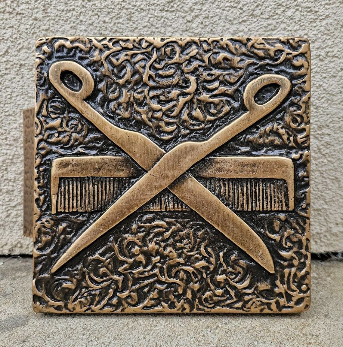 Large Brutalist Bronze Door Handle With Scissors And Comb // Made In West Germany 1960s photo for sale