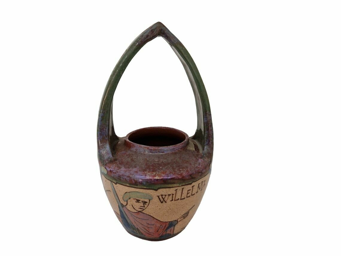 Louis Desmant Art Pottery Vase, Antique French Gloss Luster Ceramic, Bayeux Tapestry photo for sale