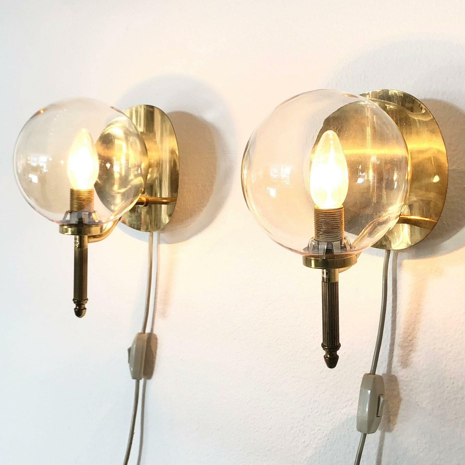 Pair Of Golden Elegant Danish Mid Century Art Deco Design Wall Lamps With Globe Glass Shades   Design By Tr&Co, Denmark