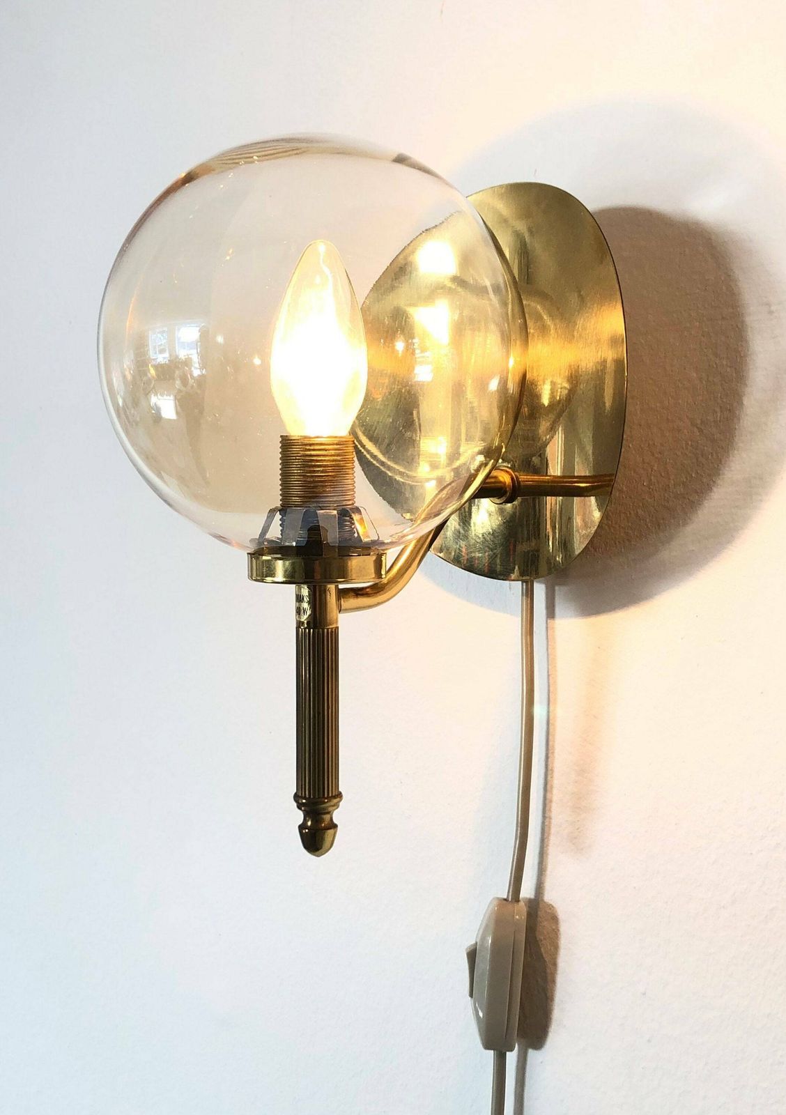 Pair Of Golden Elegant Danish Mid Century Art Deco Design Wall Lamps With Globe Glass Shades   Design By Tr&Co, Denmark photo furniture