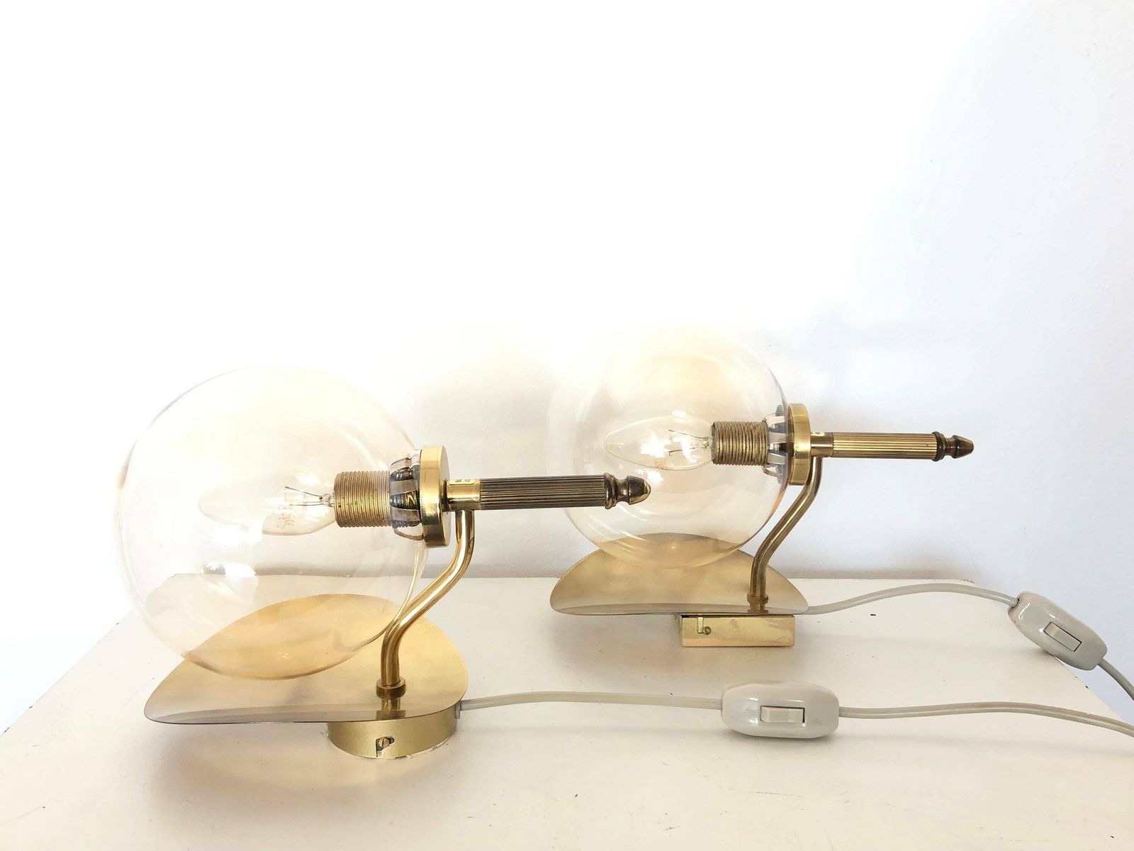 Pair Of Golden Elegant Danish Mid Century Art Deco Design Wall Lamps With Globe Glass Shades   Design By Tr&Co, Denmark photo vinterior
