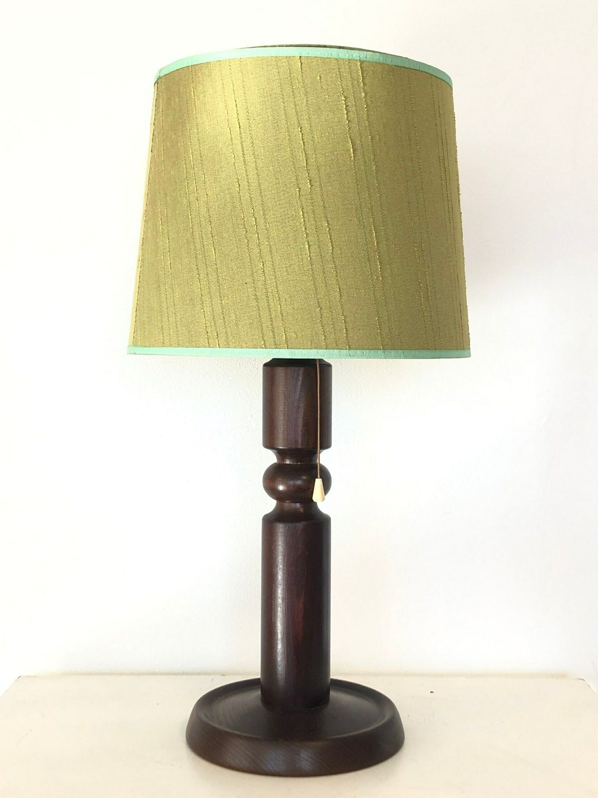 Vintage Danish Mid Century Large Wooden Table Lamp In Great Design With Beautiful Green Fabric Shade photo for sale