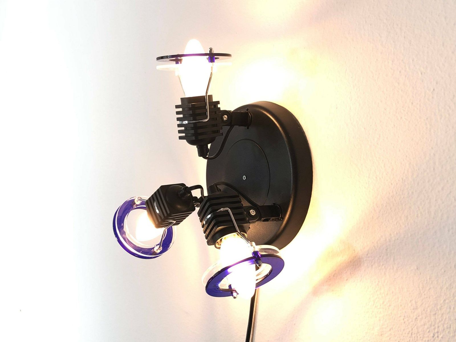 Cool Space Age Style Vintage Ceiling Or Wall Spot Lamp In Black Plastic With Acrylic Blue And Transparent Shades