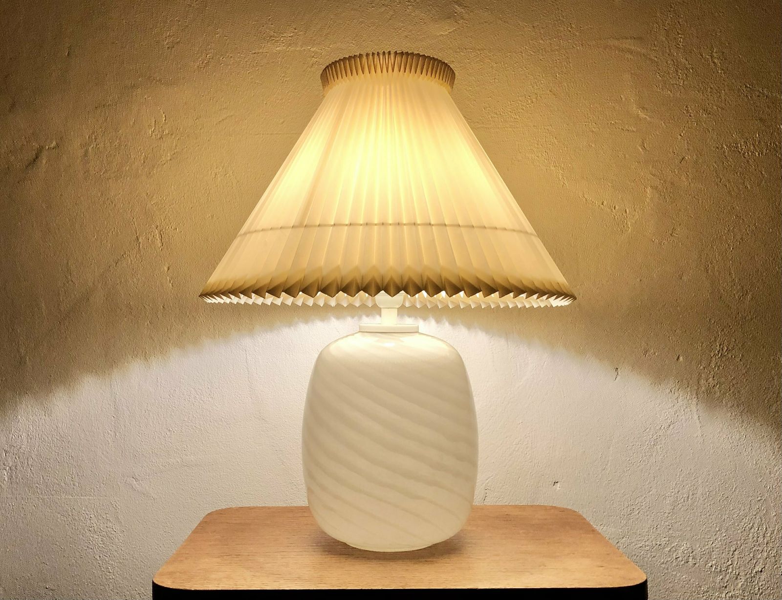 Danish Mid Century Modern Huge Table Lamp In Striped Patterned Minimalistic Art Glass With A Large Beige Pleated Le Klint Shade