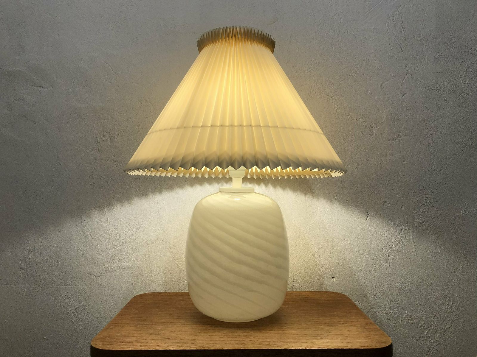 Danish Mid Century Modern Huge Table Lamp In Striped Patterned Minimalistic Art Glass With A Large Beige Pleated Le Klint Shade photo furniture