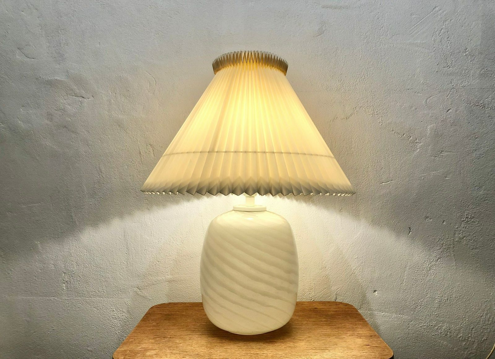 Danish Mid Century Modern Huge Table Lamp In Striped Patterned Minimalistic Art Glass With A Large Beige Pleated Le Klint Shade photo buy