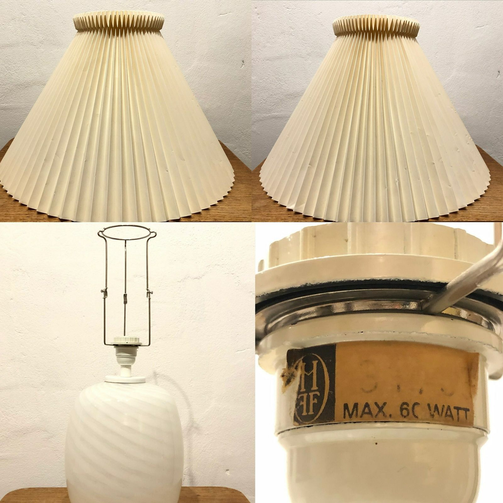 photo furniture Danish Mid Century Modern Huge Table Lamp In Striped Patterned Minimalistic Art Glass With A Large Beige Pleated Le Klint Shade