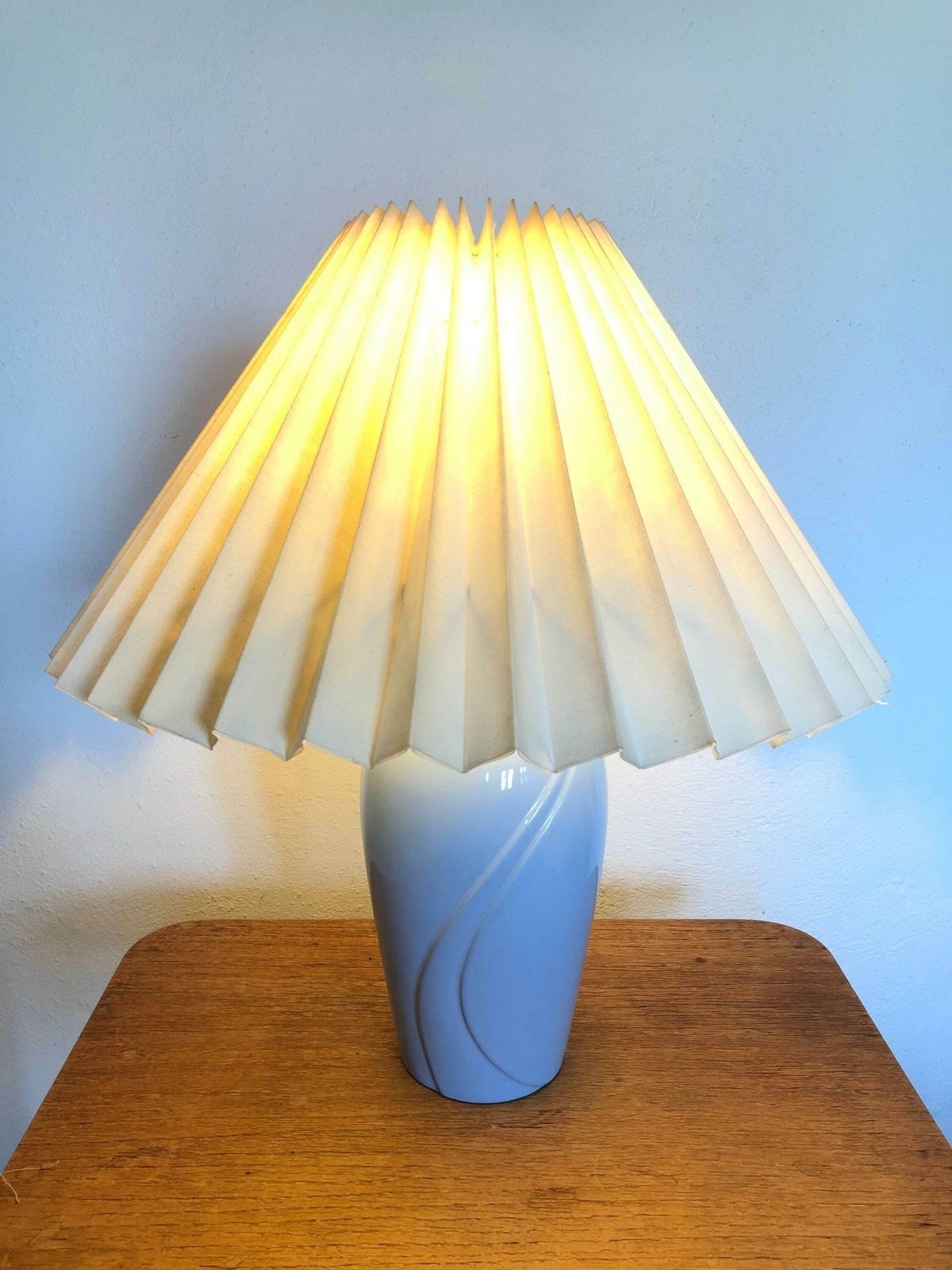 Danish Modernist Porcelain Table Lamp In Pastel Blue With Organic Pattern And Vintage Beige Pleated Fabric Shade   Design By Scan Lamps photo furniture
