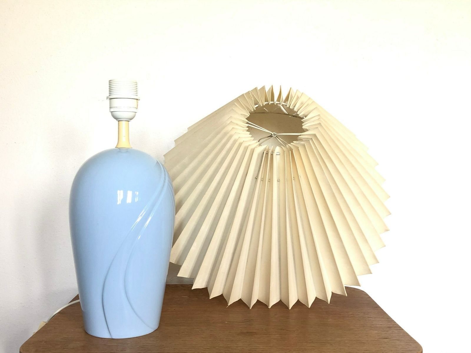 Danish Modernist Porcelain Table Lamp In Pastel Blue With Organic Pattern And Vintage Beige Pleated Fabric Shade   Design By Scan Lamps photo 221.0