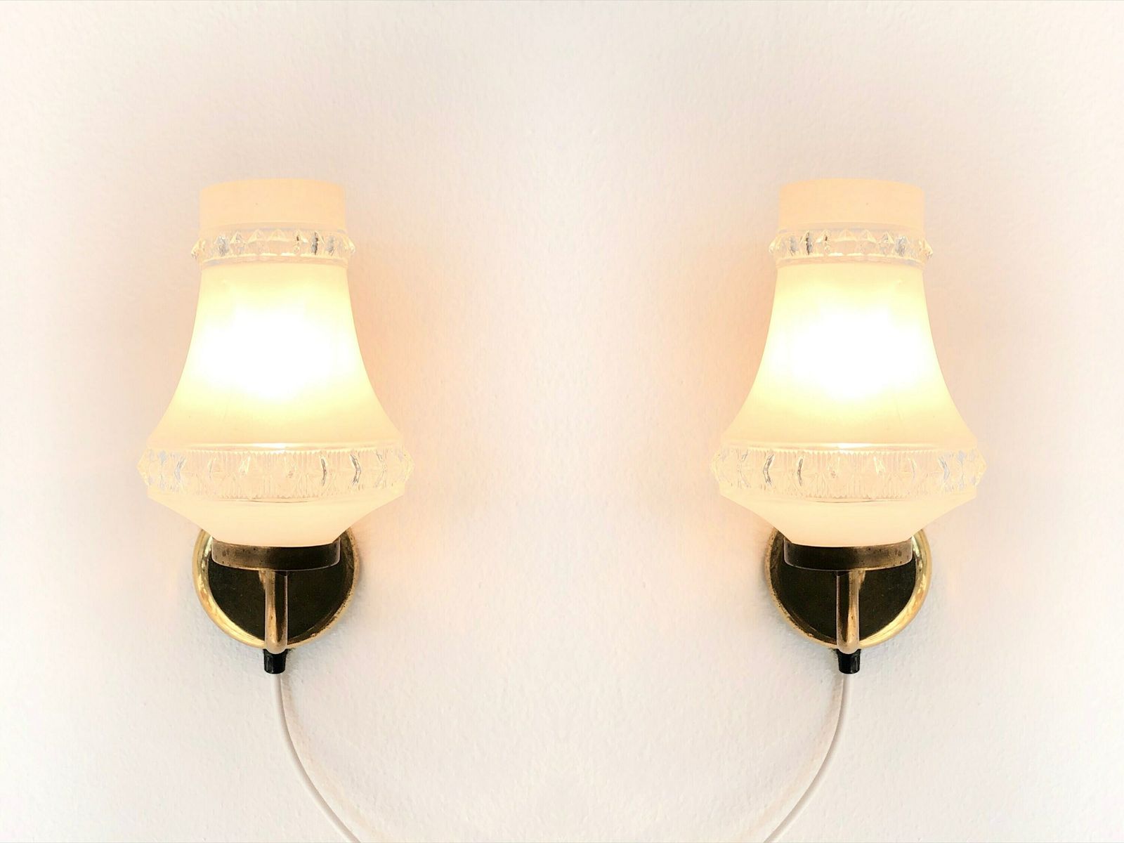 Pair Of Danish Mid Century Design Vintage Wall Lamps With Stunning Glass Shades And Brass Wall Mounts