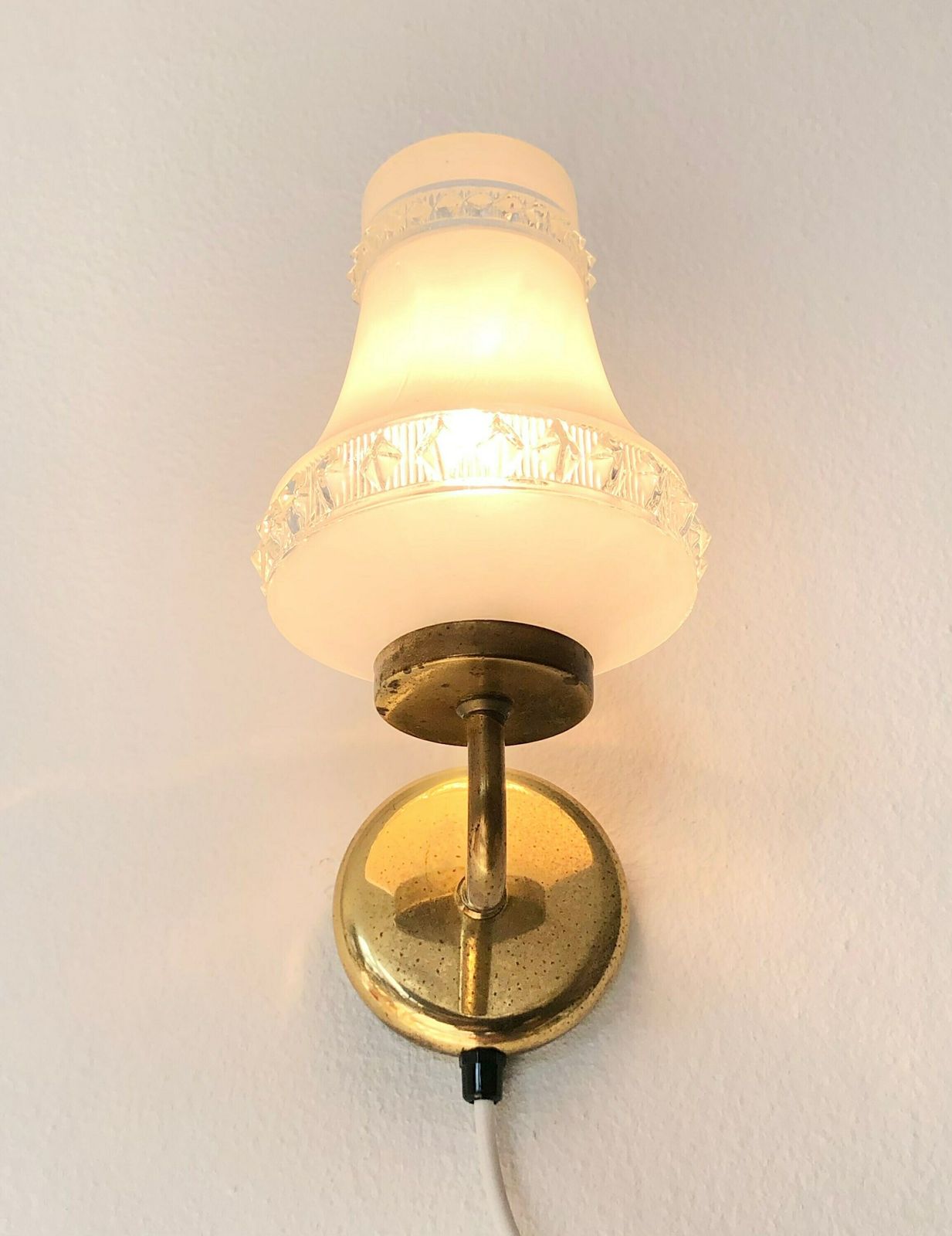 Pair Of Danish Mid Century Design Vintage Wall Lamps With Stunning Glass Shades And Brass Wall Mounts photo for sale