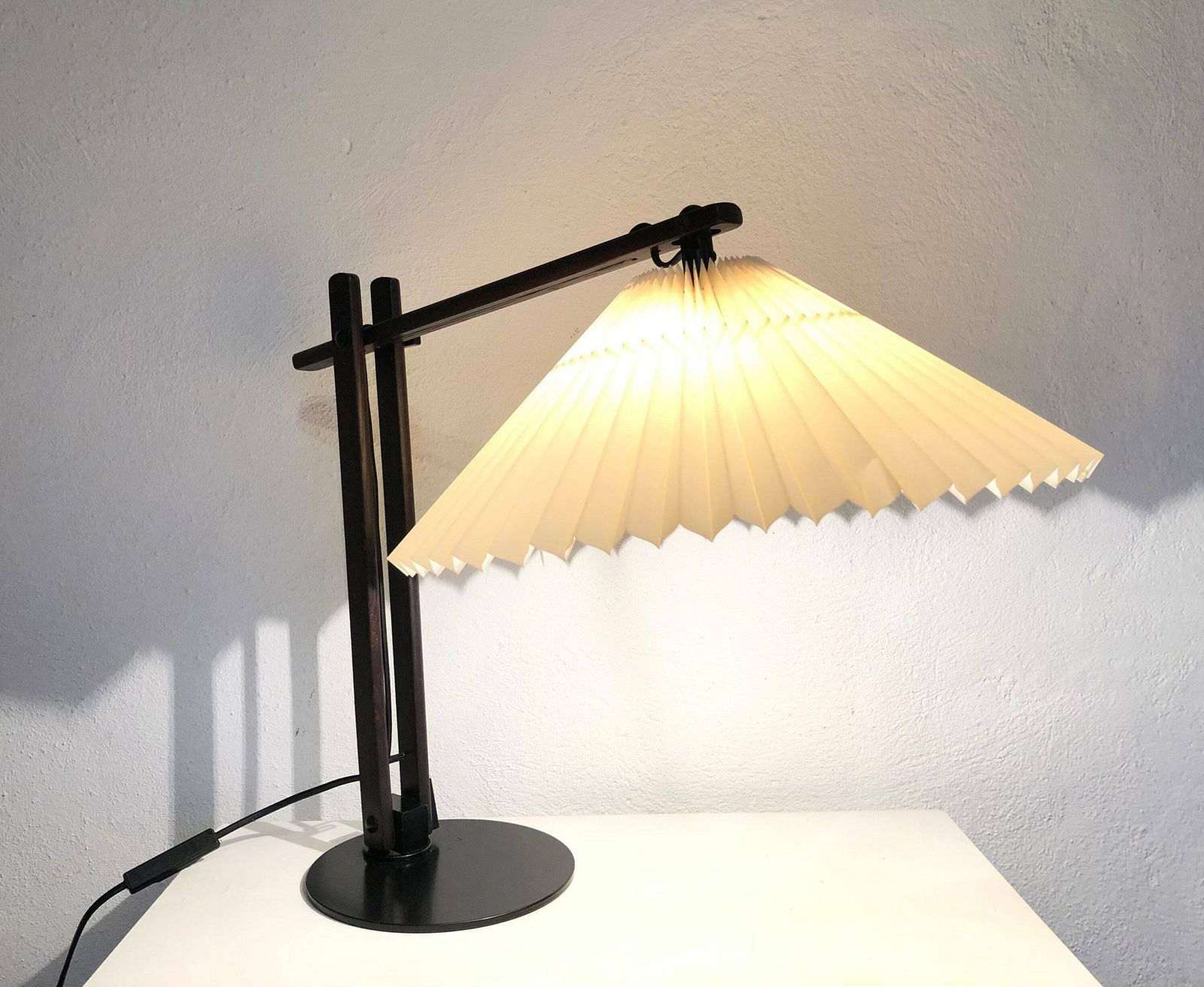 Original Caprani Mid Century Modern Danish Table Lamp In Rare Model Dark Wood With Beige Pleated Shade photo for sale